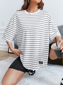 SHEIN EZwear 條紋印花落肩T恤 - 白色 - 查看 6