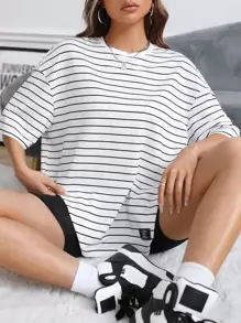 SHEIN EZwear 條紋印花落肩T恤 - 白色 - 查看 2