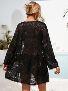 SHEIN VCAY Drop Shoulder Lace Kimono Without Bikini - Black - View 2