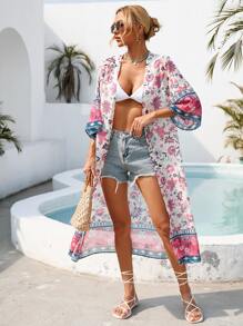 SHEIN VCAY Floral Print Open Front Kimono - Multicolor - View 1