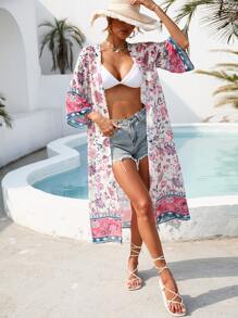 SHEIN VCAY Floral Print Open Front Kimono - Multicolor - View 3