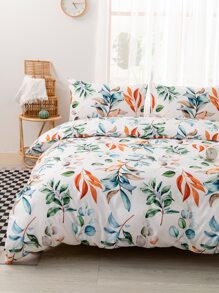 3pcs/Set Leaf Pattern Duvet Cover Set(1 Duvet Cover & 2 Pillowcase), Fresh And Simple Style Fabric Bedding Set For All Season - Multicolor - View 1