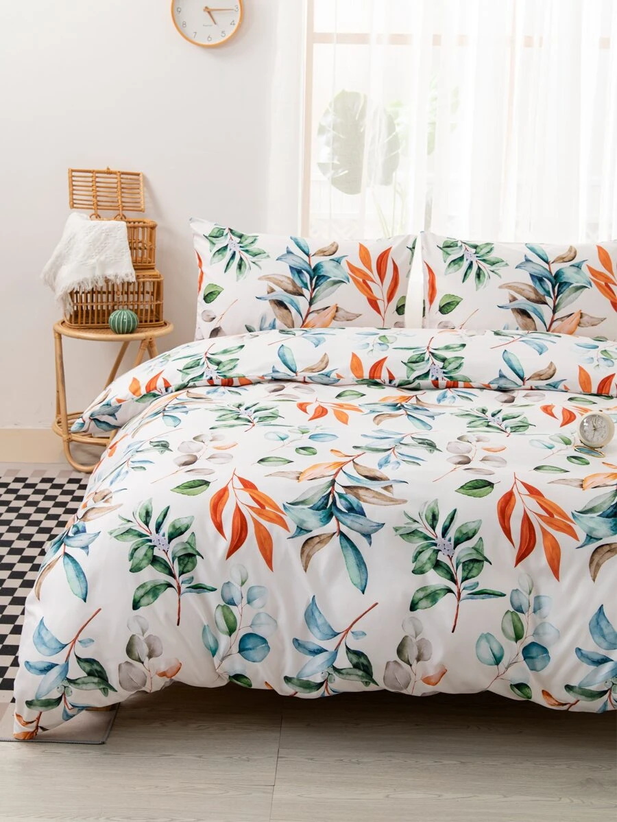 3pcs/Set Leaf Pattern Duvet Cover Set(1 Duvet Cover & 2 Pillowcase), Fresh And Simple Style Fabric Bedding Set For All Season - Multicolor - View 1