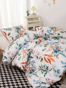 3pcs/Set Leaf Pattern Duvet Cover Set(1 Duvet Cover & 2 Pillowcase), Fresh And Simple Style Fabric Bedding Set For All Season - Multicolor - View 4