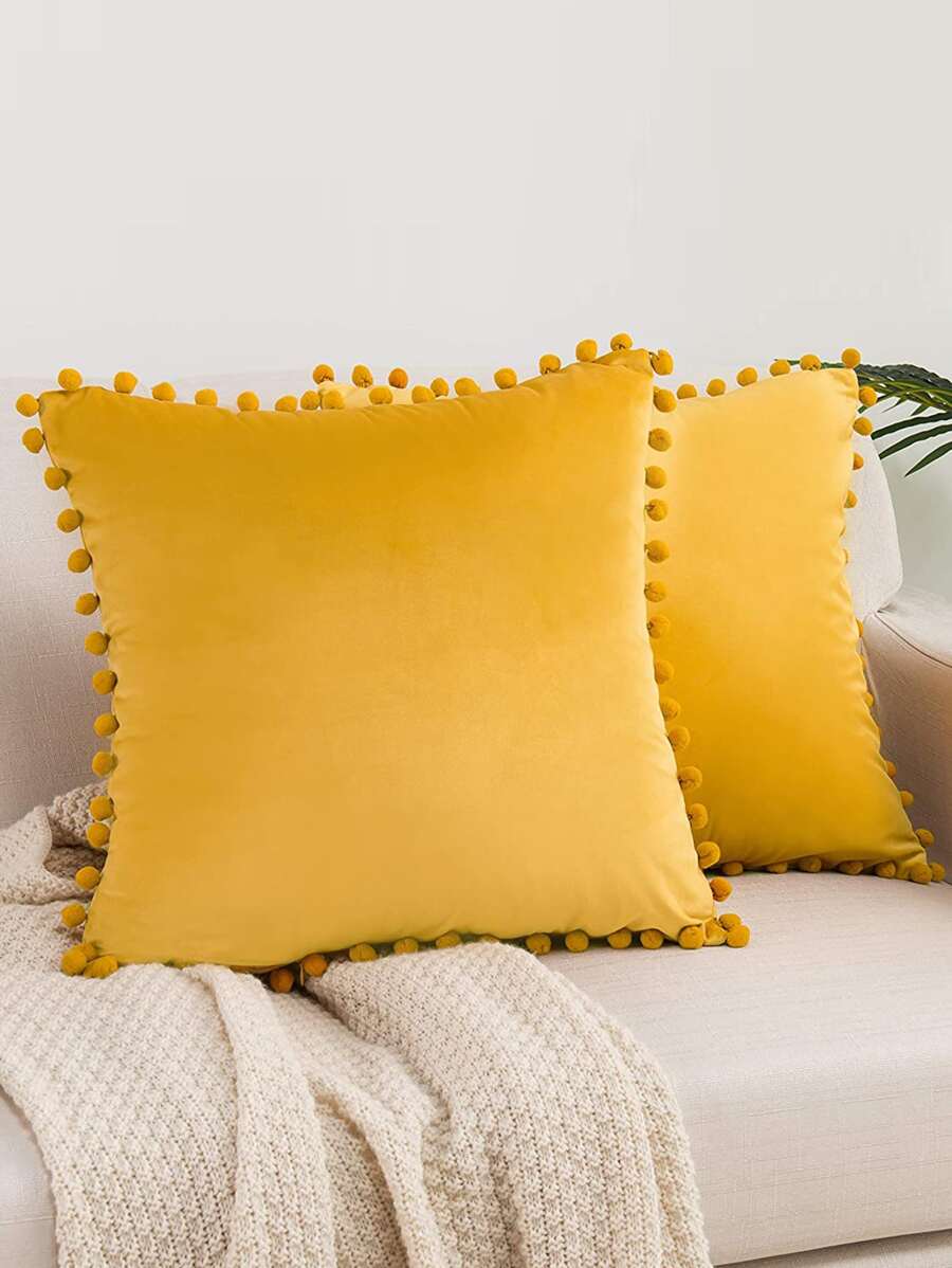 1 Vỏ bọc đệm trang trí Pom Pom không có chất độn - Màu vàng - Xem 1