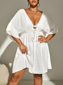 SHEIN Swim Curve Plus Drawstring Waist Batwing Sleeve Kimono - White - View 3