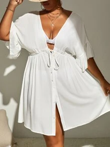 SHEIN Swim Curve Plus Drawstring Waist Batwing Sleeve Kimono - White - View 4