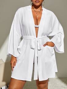 SHEIN Plus Solid Belted Kimono - White - View 3