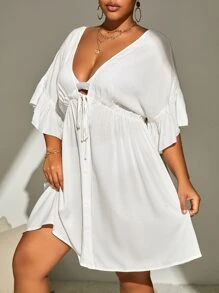 SHEIN Swim Curve Plus Drawstring Waist Batwing Sleeve Kimono - White - View 5