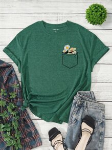 SHEIN LUNE Plus Floral Print Tee - Dark Green - View 1