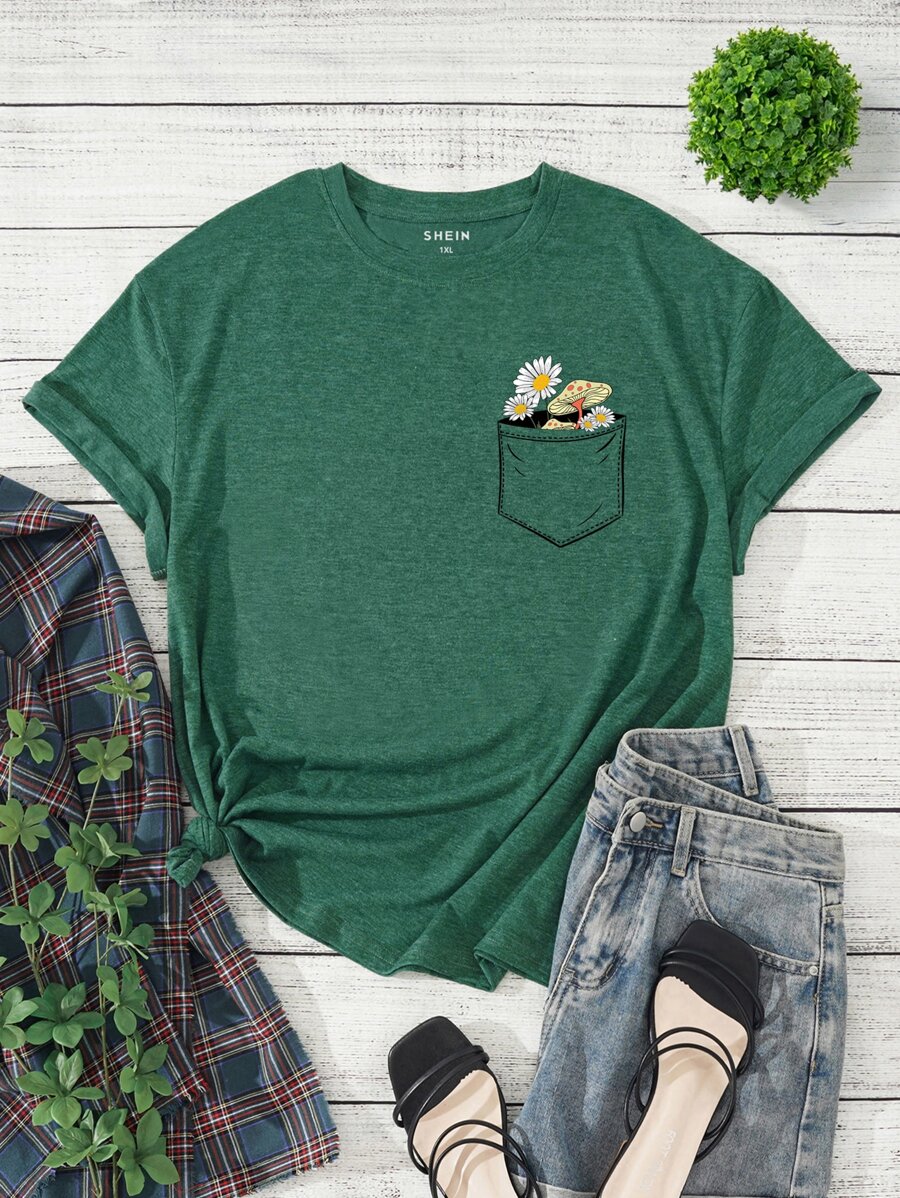 SHEIN LUNE Plus Floral Print Tee - Dark Green - View 1