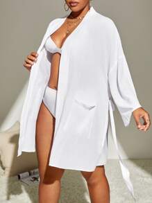 SHEIN Plus Solid Belted Kimono - White - View 4