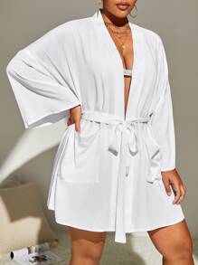 SHEIN Plus Solid Belted Kimono - White - View 6