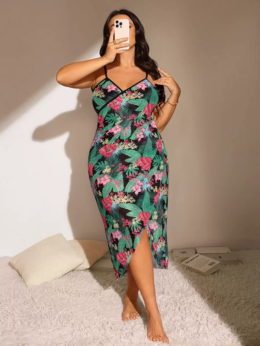 SHEIN Swim Curve Plus Tropical Print Wrap Hem Kimono - Multicolor - View 1