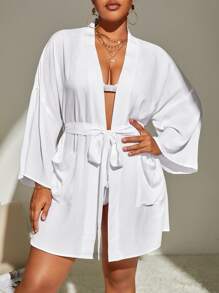 SHEIN Plus Solid Belted Kimono - White - View 7