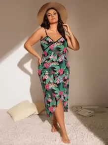 SHEIN Swim Curve Plus Tropical Print Wrap Hem Kimono - Multicolor - View 2