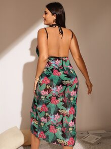 SHEIN Swim Curve Plus Tropical Print Wrap Hem Kimono - Multicolor - View 3