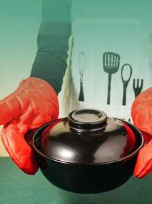 1入組黑色絎縫細節烤箱手套北歐滌綸廚房烤箱手套用於烘焙 - 黑色 - 查看 4