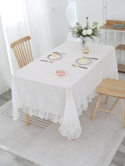 1 件白色十字亚麻桌布，现代简约风格带蕾丝边，适用于客厅、卧室、厨房、茶几、电视柜，装饰蕾丝罩