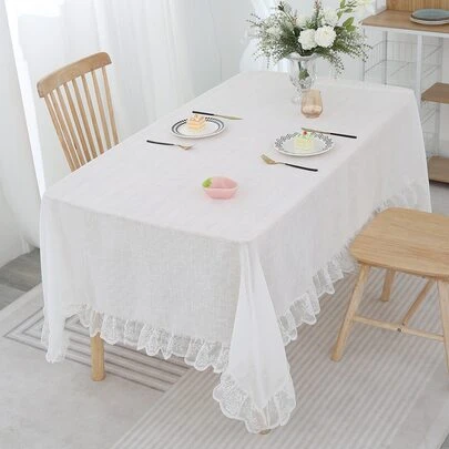 1 件白色十字亚麻桌布，现代简约风格带蕾丝边，适用于客厅、卧室、厨房、茶几、电视柜，装饰蕾丝罩