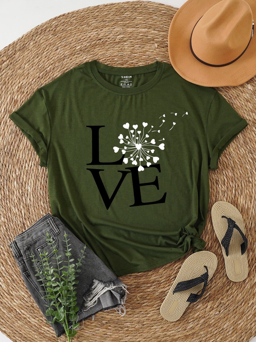 SHEIN LUNE Plus Dandelion And Letter Graphic Tee - Army Green - View 1