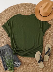 SHEIN LUNE Plus Dandelion And Letter Graphic Tee - Army Green - View 2