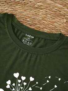 SHEIN LUNE Plus Dandelion And Letter Graphic Tee - Army Green - View 4