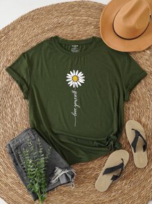 INAWLY Plus Floral And Slogan Graphic Tee - Army Green - View 1