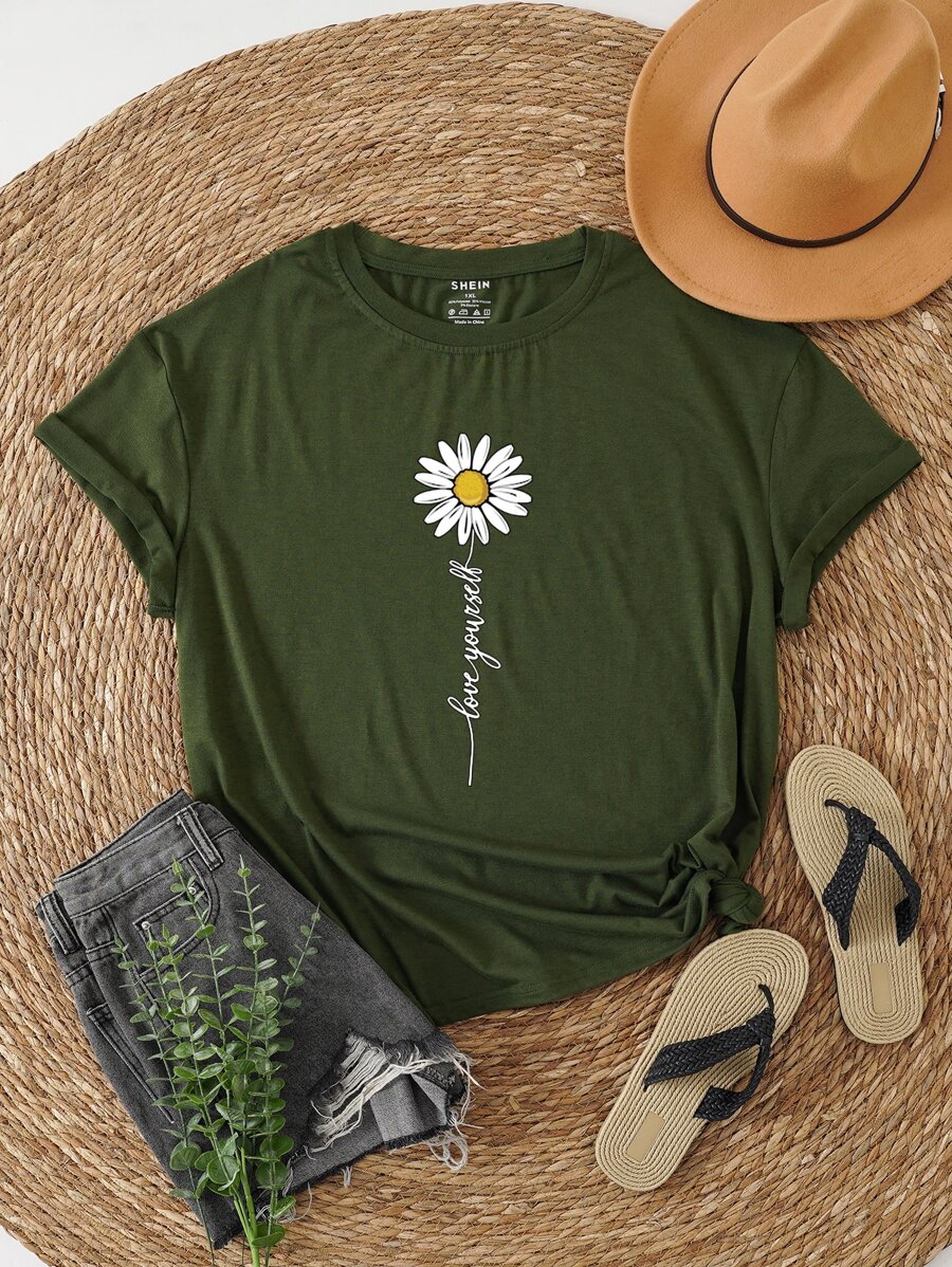 INAWLY Plus Floral And Slogan Graphic Tee - Army Green - View 1