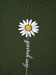 INAWLY Plus Floral And Slogan Graphic Tee - Army Green - View 4