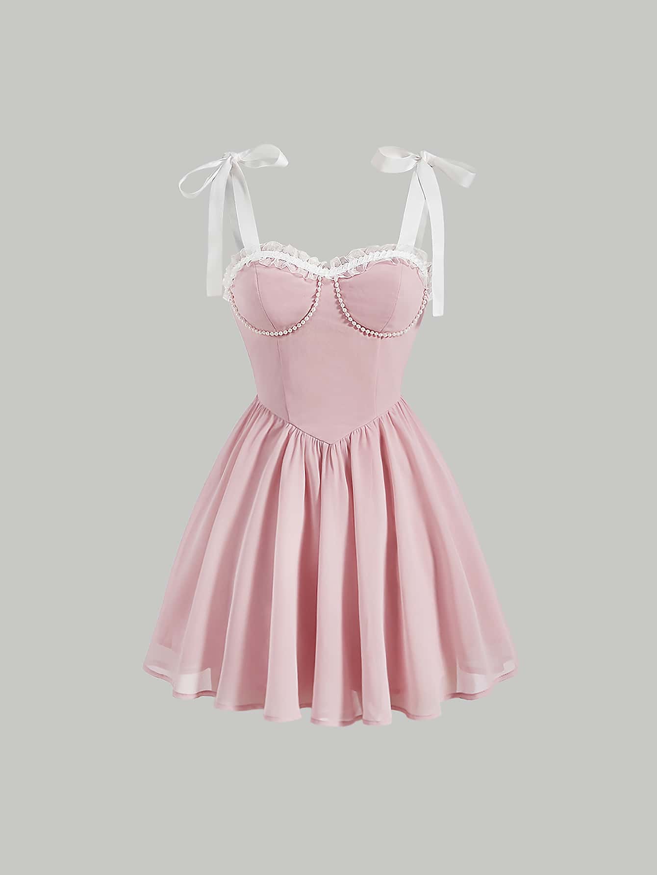 SHEIN MOD 網紗邊肩上打結珍珠串珠吊帶連衣裙 - 淺粉色 - 查看 1