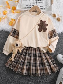 Tween Girl Tartan Cartoon Patched Pullover & Tartan Skirt - Multicolor - View 4