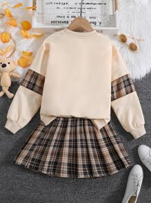 Tween Girl Tartan Cartoon Patched Pullover & Tartan Skirt - Multicolor - View 3