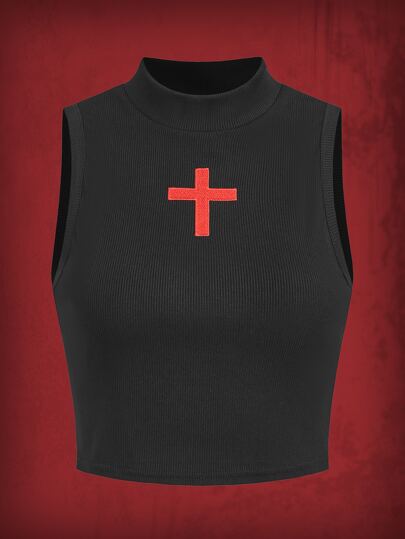 Grunge Punk Top sans manches croisé à imprimé à col montant