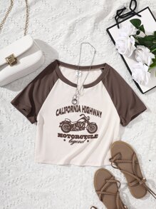 Chicas Camiseta crop con estampado de motocicleta y letra de manga raglán - Beis - Ver 1