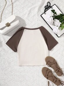 Chicas Camiseta crop con estampado de motocicleta y letra de manga raglán - Beis - Ver 2