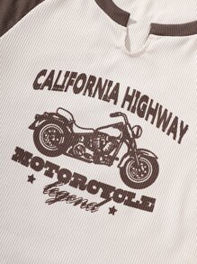 Chicas Camiseta crop con estampado de motocicleta y letra de manga raglán - Beis - Ver 6