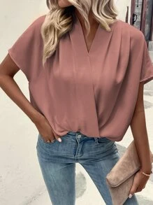 SHEIN LUNE Solid Batwing Sleeve Wrap Detail Blouse - Dusty Pink - View 3