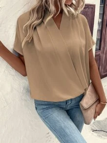 SHEIN Clasi Solid Batwing Sleeve Wrap Detail Blouse - Camel - View 3