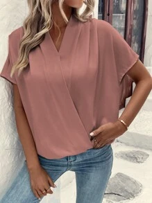 SHEIN LUNE Solid Batwing Sleeve Wrap Detail Blouse - Dusty Pink - View 4