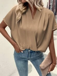 SHEIN Clasi Solid Batwing Sleeve Wrap Detail Blouse - Camel - View 4