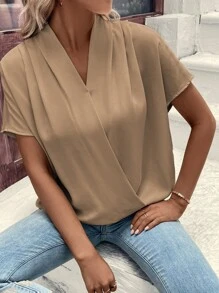 SHEIN Clasi Solid Batwing Sleeve Wrap Detail Blouse - Camel - View 5