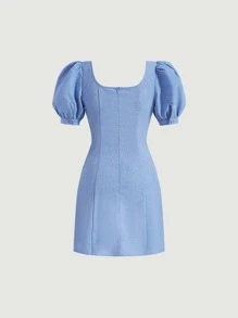 SHEIN MOD Sweetheart Neck Puff Sleeve Ruched Dress - Blue - View 2
