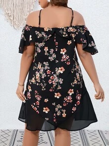 SHEIN LUNE Vestido con estampado floral de hombros descubiertos bajo con fruncido - Negro - Ver 2