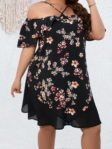 SHEIN LUNE Vestido con estampado floral de hombros descubiertos bajo con fruncido - Negro - Ver 4