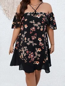 SHEIN LUNE Vestido con estampado floral de hombros descubiertos bajo con fruncido - Negro - Ver 3