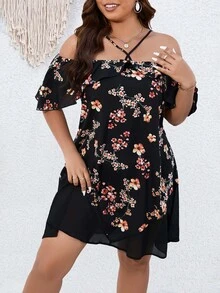 SHEIN LUNE Vestido con estampado floral de hombros descubiertos bajo con fruncido - Negro - Ver 5