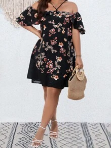 SHEIN LUNE Vestido con estampado floral de hombros descubiertos bajo con fruncido - Negro - Ver 6