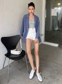 DAZY Lapel Neck Drop Shoulder Blazer & Shorts - Dusty Blue - View 4