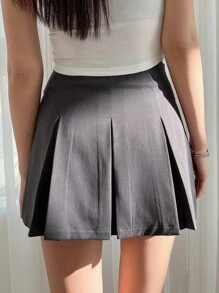 DAZY 高腰褶皱细节裙，返校服装秋季裙子 - 深灰色 - 查看 2